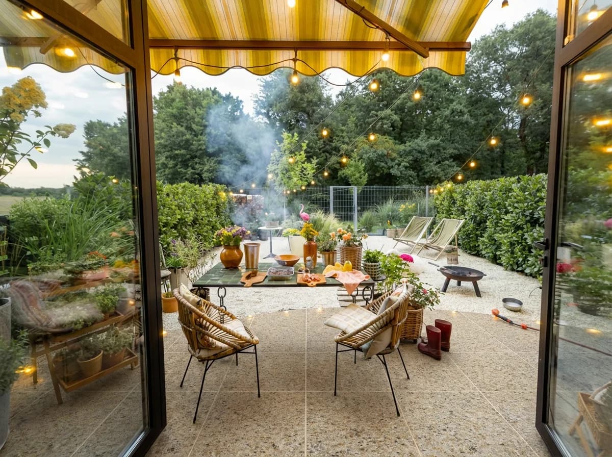 Terrasse: Dielen & Steinteppich im Außenlicht